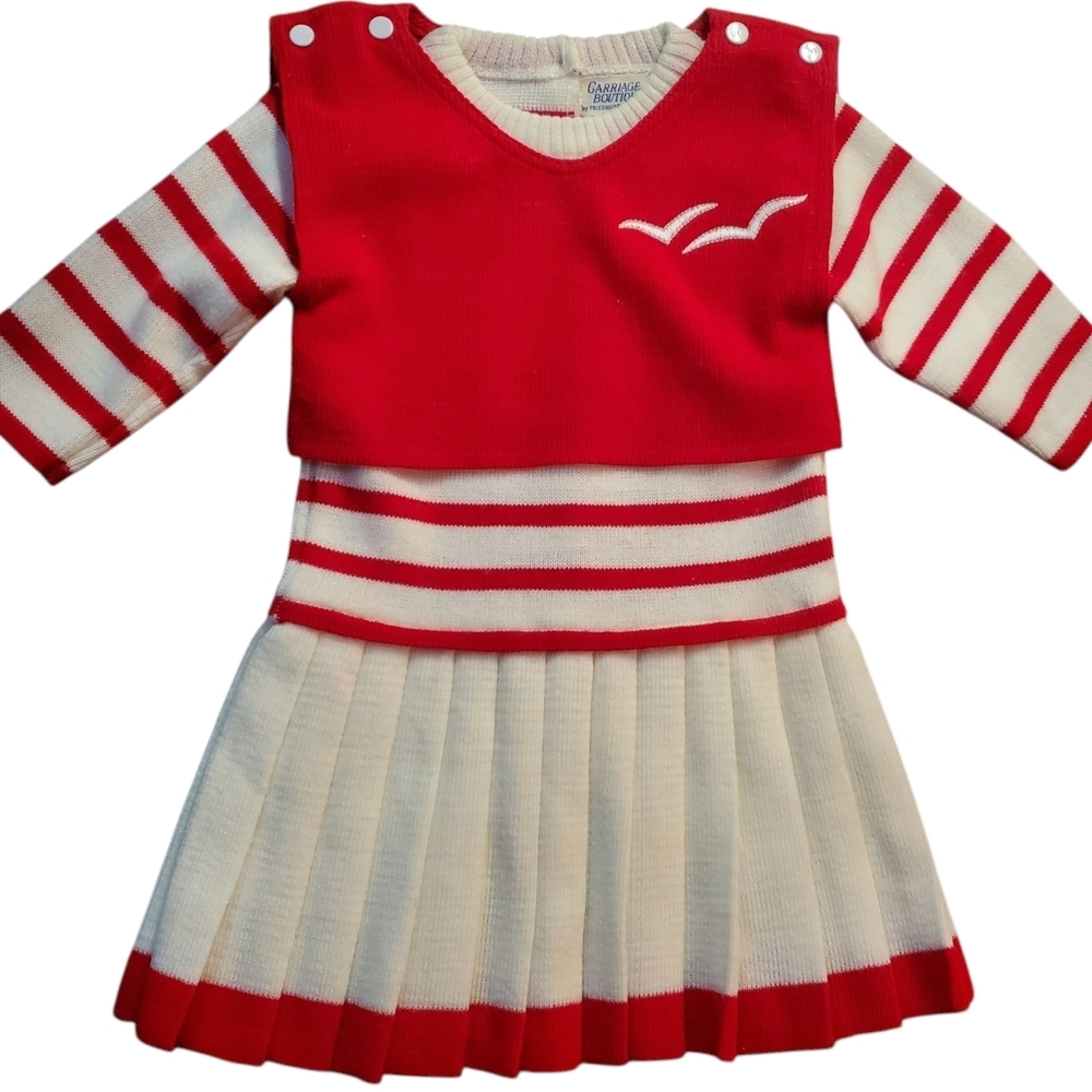 Vintage Carriage Boutique by Friedknit Creations 2 Piece Dress Outfit White|Red